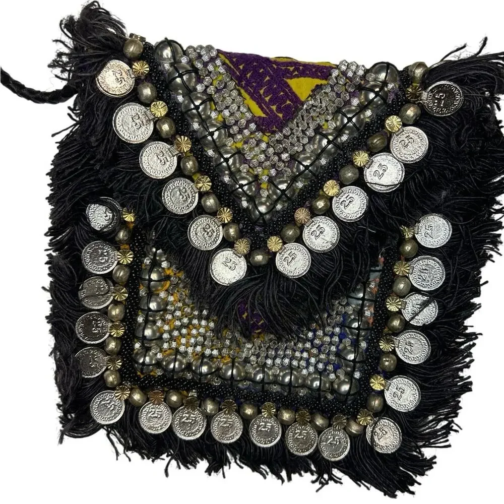 Vipul shah Bohemian Black & Silver Crossbody bag Beadwork & Coin Embellishments